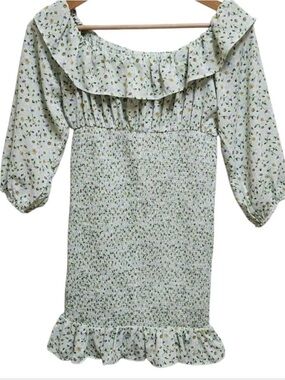 Forever 21 Light Green Floral Smocked Off-Shoulder Mini Dress